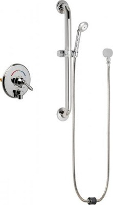 Chicago Faucets SH-TP4-00-073 Tub and Shower System with Pressure Balancing Valve and Auto Drain, 1.75 GPM Hand Spray with Two 34" Stainless Steel Hoses, 24" Wall Mounted ADA Grab Bar with Hand Spray Holder