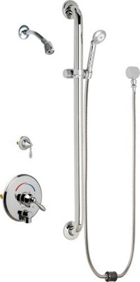 Chicago Faucets SH-TP4-22-024 Tub and Shower System with Auto Drain, 2.5 GPM Shower Head with Swivel Ball Joint, 2.5 GPM Hand Spray, Two 34" Stainless Steel Hoses, 36" Wall Mounted ADA Grab Bar with Hand Spray Holder