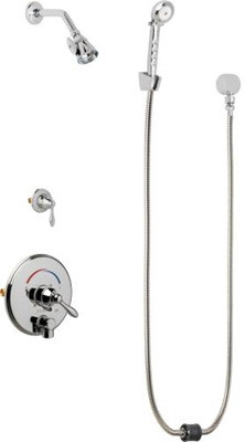 Chicago Faucets SH-TP4-26-020 Thermostatic Pressure Balancing Shower Fitting with Auto Drain, 2.5 GPM Shower Head with Adjustable Spray Pattern, 2.5 GPM Hand Spray with Two 34" Stainless Steel Hoses
