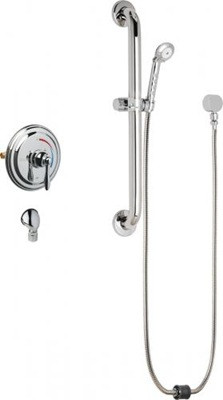 Chicago Faucets SH-TP5-00-023 Tub and Shower System with Pressure Balancing Valve and Auto Drain, 2.5 GPM Hand Spray with Two 34" Stainless Steel Hoses, 24" Wall Mounted ADA Grab Bar with Hand Spray Holder