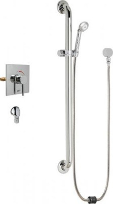 Chicago Faucets SH-TP6-00-024 Square Tub and Shower System with Pressure Balancing Valve and Auto Drain, 2.5 GPM Hand Spray with Two 34" Stainless Steel Hoses, 36" Wall Mounted ADA Grab Bar with Hand Spray Holder