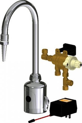 Chicago Faucets LEF-A31-11T HyTronic Touch Free Gooseneck Faucet with Laboratory Nozzle, Dual Supply, External Temperature Control, AC Powered, Bluetooth Communication, Thermostatic Mixing Valve