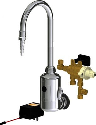 Chicago Faucets LEF-A61-11T HyTronic Touch Free Gooseneck Faucet with Laboratory Nozzle, Wall Mounted, Dual Supply, External Temperature Control, AC Powered, Bluetooth Communication, Thermostatic Mixing Valve