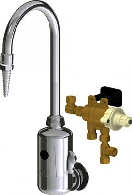 Chicago Faucets LEF-B61-01T HyTronic Touch Free Gooseneck Faucet with Laboratory Nozzle, Wall Mounted, Dual Supply, External Temperature Control, Battery Powered, Bluetooth Communication, Thermostatic Mixing Valve