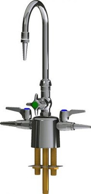 Chicago Faucets LCF1-CC-C1A1 Combination Triple Service Fixture, 5-1/4" Gooseneck Spout, Laboratory Serrated Nozzle, 2-1/2" Cross Handle, Control-A-Flo, 2-Pack Laboratory Index Buttons, AIR, GAS