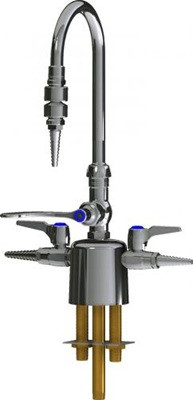 Chicago Faucets LCF1-CC-C2A3 Combination Triple Service Fixture, 5-1/4" Gooseneck Spout, Inline Atmospheric Vacuum Breaker, 4" Wristblade Handle, Quaturn Control-A-Flo, 2-Pack Laboratory Index Buttons, AIR, GAS