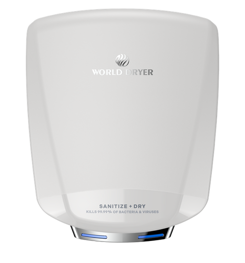 World Dryer S-774A SANITIZE + DRY Hand Dryer, Sanitizing, High-Speed, ADA Compliant, Surface Mounted, 120-277 Global Universal Voltage, Two-Tone White Aluminum Cover