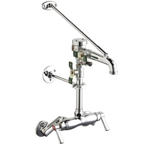 Chicago Faucets 445-PVBCP Hot and Cold Water Sink Faucet, 3-3/8" Body, Adjustable Arms 3" - 8-3/8", 7-3/8" Spout with 3/4" Male Hose Thread, Pail Hook and Wall Brace, 2-3/8" Lever Handle
