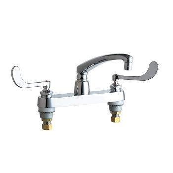 Chicago Faucets 1100-E35-319ABCP Hot and Cold Water Sink Faucet, 8" Fixed Centers, 1.5 GPM Softflo Aerator, 8" L Type Spout, 6" Elbow Blade Handle