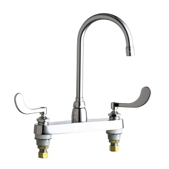 Chicago Faucets 1100-G2AE35VP317AB Hot and Cold Water Sink Faucet, 8" Fixed Centers, 1.5 GPM Vandal Proof Softflo Aerator, 5-1/4" Gooseneck Spout, 4" Wristblade Handle