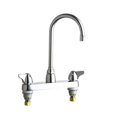 Chicago Faucets 1100-GN2AE3VXKAB Hot and Cold Water Sink Faucet, 8" Fixed Centers, 2.2 GPM Vandal Proof Softflo Aerator, 5-1/4" Gooseneck Spout, Ceramic 1/4-Turn Operating Cartridge, 2" Canopy Wing Handle