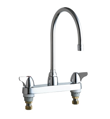 Chicago Faucets 1100-GN8AE3VPCABCP Hot and Cold Water Sink Faucet, 8" Fixed Centers, 2.2 GPM Vandal Proof Softflo Aerator, 8" Gooseneck Spout, 2" Canopy Wing Handle