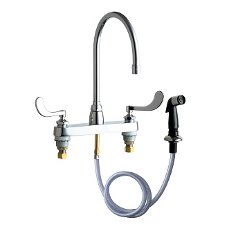 Chicago Faucets 1102-GN8AE3-317AB Hot and Cold Water Sink Faucet with Side Spray, 8" Fixed Centers, 2.2 GPM Softflo Aerator, 8" Gooseneck Spout, 4" Wristblade Handle