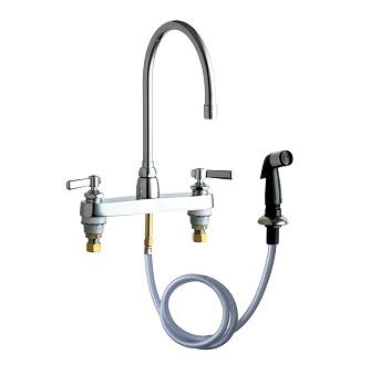 Chicago Faucets 1102-GN8AE3-369AB Hot and Cold Water Sink Faucet with Side Spray, 8" Fixed Centers, 2.2 GPM Softflo Aerator, 8" Gooseneck Spout, Lever Handle