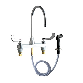 Chicago Faucets 1102-GN8AE35-317AB Hot and Cold Water Sink Faucet with Side Spray, 8" Fixed Centers, 1.5 GPM Softflo Aerator, 8" Gooseneck Spout, 4" Wristblade Handle