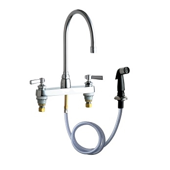 Chicago Faucets 1102-GN8AE35-369AB Hot and Cold Water Sink Faucet with Side Spray, 8" Fixed Centers, 1.5 GPM Softflo Aerator, 8" Gooseneck Spout, Lever Handle