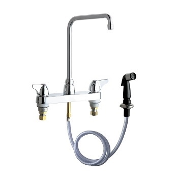 Chicago Faucets 1102-HA8VPAABCP Hot and Cold Water Sink Faucet with Side Spray, 8" Fixed Centers, 2.2 GPM Vandal Proof Softflo Aerator, 8" High Arch Spout, 2" Canopy Single Wing Handle