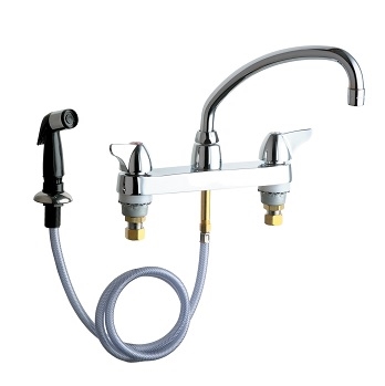 Chicago Faucets 1102-L9ABCP Hot and Cold Water Sink Faucet with Side Spray, 8" Fixed Centers, 2.2 GPM Softflo Aerator, 9-1/2" L-Type Swing Spout, 2" Canopy Single Wing Handle