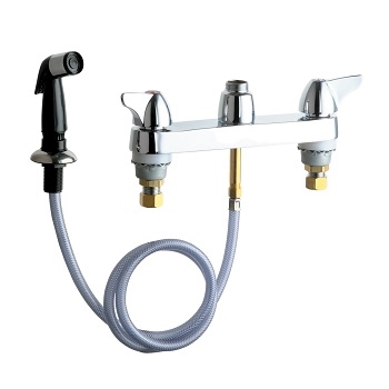 Chicago Faucets 1102-LESAB Hot and Cold Water Sink Faucet with Side Spray, 8" Fixed Centers, 2" Canopy Single Wing Handle, Less Spout