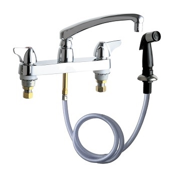 Chicago Faucets 1102-VPAABCP Hot and Cold Water Sink Faucet with Side Spray, 8" Fixed Centers, 2.2 GPM Vandal Proof Softflo Aerator, 8" L Type Spout, 2" Canopy Single Wing Handle