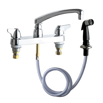Chicago Faucets 1102-XKABCP Hot and Cold Water Sink Faucet with Side Spray, 8" Fixed Centers, 2.2 GPM Softflo Aerator, 8" L Type Spout, 2" Canopy Single Wing Handle, Ceramic 1/4-Turn Operating Cartridge