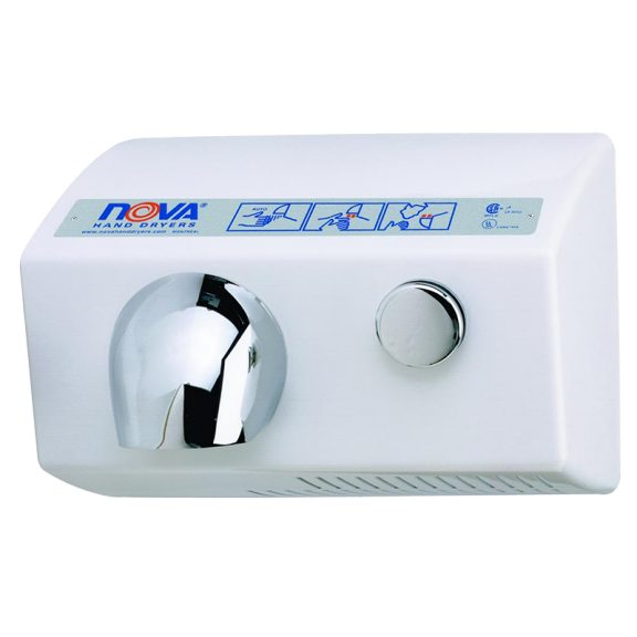 World Dryer 0112 Nova 5 Hand Dryer, Push Button, Surface Mounted, Aluminum, White, 110-120V