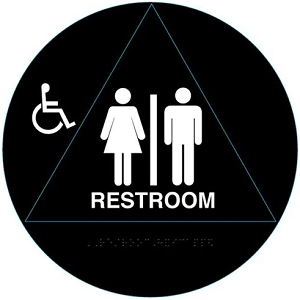 Raised Handicap Unisex California Title 24 ADA Restroom Signs and Bathroom Signs, White on Black