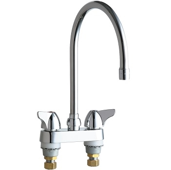 Chicago Faucets 1895-GN8AE35ABCP Hot and Cold Water Sink Faucet, 4" Fixed Centers, 8" Gooseneck Spout, 1.5 GPM Softflo Aerator, 2" Canopy Wing Handle