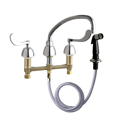 Chicago Faucets 200-A317ABCP Concealed Hot and Cold Water Sink Faucet with Side Spray, 8" Fixed Centers, 9-1/2" L-Type Spout, 2.2 GPM Softflo Aerator, 4" Wristblade Handle
