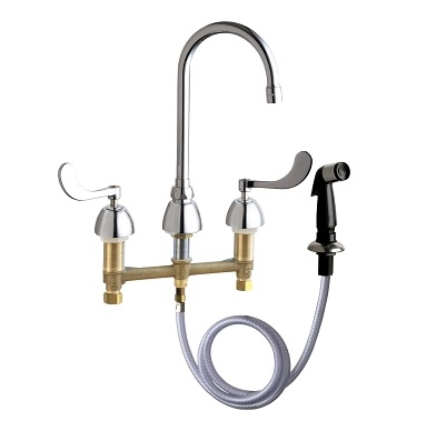 Chicago Faucets 200-AGN2AE3-317AB Concealed Hot and Cold Water Sink Faucet with Side Spray, 8" Fixed Centers, 5-1/4" Gooseneck Spout, 2.2 GPM Softflo Aerator, 4" Wristblade Handle