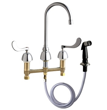 Chicago Faucets 200-AGN2AE35-317AB Concealed Hot and Cold Water Sink Faucet with Side Spray, 8" Fixed Centers, 5-1/4" Gooseneck Spout, 1.5 GPM Softflo Aerator, 4" Wristblade Handle