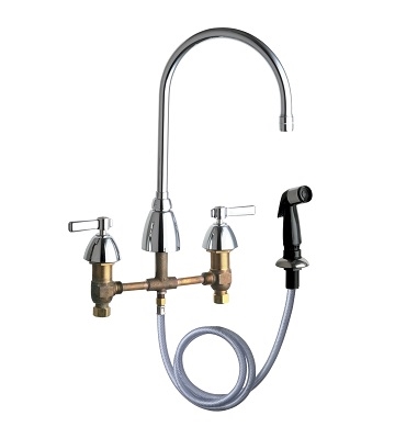 Chicago Faucets 200-AGN8AE3ABCP Concealed Hot and Cold Water Sink Faucet with Side Spray, 8" Fixed Centers, 8" Gooseneck Spout, 2.2 GPM Softflo Aerator, 2-3/8" Lever Handle