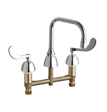 Chicago Faucets 201-ADB6AE3-317AB Concealed Hot and Cold Water Sink Faucet, 8" Fixed Centers, 6-1/4" Double Bend Spout, 2.2 GPM Softflo Aerator, 4" Wristblade Handle