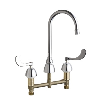 Chicago Faucets 201-AGN2AE3-317AB Concealed Hot and Cold Water Sink Faucet, 8" Fixed Centers, 5-1/4" Gooseneck Spout, 2.2 GPM Softflo Aerator, 4" Wristblade Handle