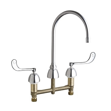 Chicago Faucets 201-AGN8AE35V317AB Concealed Hot and Cold Water Sink Faucet, 8" Fixed Centers, 8" Gooseneck Spout, 1.5 GPM Vandal Proof Softflo Aerator, 4" Wristblade Handle