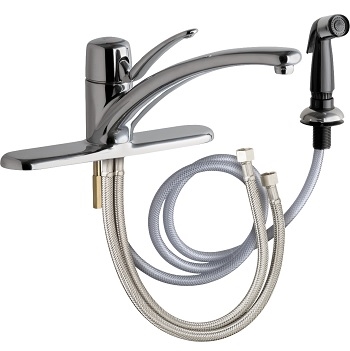 Chicago Faucets 2301-8E34ABCP Single Lever Mixing Sink Faucet with Side Spray, 8" Fixed Centers, 10" Center to Center Integral Cast Brass Spout, 1.5 GPM Softflo Aerator, 4-5/8" Lever Handle