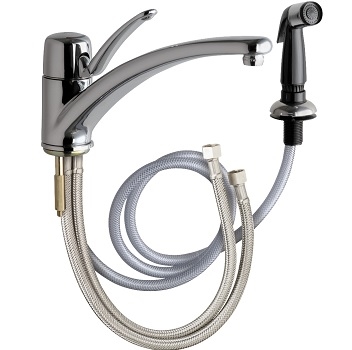 Chicago Faucets 2301-ABCP Single Lever Mixing Sink Faucet with Side Spray, Single Hole, 10" Center to Center Integral Cast Brass Spout, 2.2 GPM Softflo Aerator, 4-5/8" Lever Handle