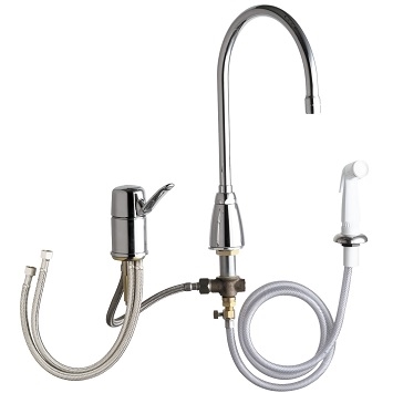 Chicago Faucets 2304-E35ABCP Single Lever Mixing Sink Faucet with Side Valve and Hand Spray, 1.5 GPM Softflo Aerator, 8" Gooseneck Spout, 2-3/4" Lever Handle