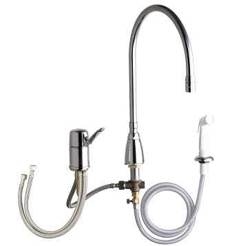 Chicago Faucets 2304-GN10AE3SWGAB Single Lever Mixing Sink Faucet with Side Valve and Hand Spray, 2.2 GPM Softflo Aerator, 10" Gooseneck Spout, 2-3/4" Lever Handle