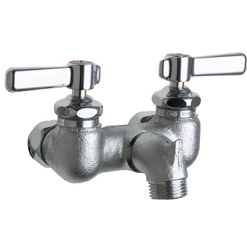 Chicago Faucets 305-LEAXKCRCF Sink Faucet, Wall Mounted, 3-3/8" Fixed Centers, Integral Spout with Pail Hook, 2-3/8" Lever Handle, Ceramic Cartridge, Integrated Check Valve, Less Inlet Supply Arms, Rough Chrome Finish