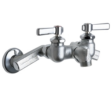 Chicago Faucets 305-RXKCRCF Sink Faucet, Wall Mounted, 3-3/8" Body, Integral Spout with Pail Hook, Ceramic Cartridge with Integrated Check Valve, 2-1/2" Offset Supply Arm with Integral Shut-off Stop, 2-3/8" Lever Handle, Rough Chrome Finish