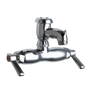 Chicago Faucets 305-VBLEA Hot and Cold Water Sink Faucet, 3-3/8" Fixed Centers, Atmospheric Vacuum Breaker, Lever Handle, Chrome Plate Finish
