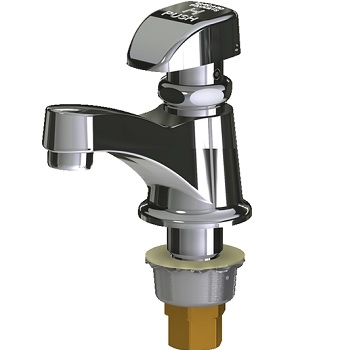 Chicago Faucets 335-E12HOTABCP Single Supply Metering Sink Faucet, 3-3/8" Center to Center Integral Cast Brass Spout, 2.2 GPM Softflo Aerator, 1-1/2" Push-Tilt Handle Indexed "H"