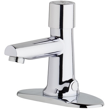 Chicago Faucets 3501-4E39VPABCP Hot and Cold Water Metering Mixing Sink Faucet, 4" Fixed Centers, 0.35 GPM Vandal Proof Econo-Flo Non-Aerating Outlet, 4" Integral Spout, Concealed Internal Temperature Control Mixer