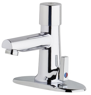 Chicago Faucets 3502-4E39VPABCP Hot and Cold Water Metering Mixing Sink Faucet, 4" Fixed Centers, 0.35 GPM Vandal Proof Econo-Flo Non-Aerating Outlet, 4" Integral Spout, User Adjustable Temperature Control Mixer