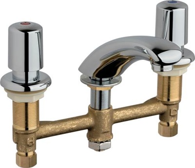 Chicago Faucets 404-V765ABCP Concealed Hot and Cold Water Sink Faucet, 8" Fixed Centers, 2.2 GPM Vandal Proof Softflo Aerator, 2" MVP Metering Push Handle