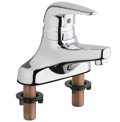 Chicago Faucets 420-E39VPABCP Single Lever Hot and Cold Water Mixing Sink Faucet, 4" Fixed Centers, 0.35 GPM Vandal Proof Econo-Flo Non-Aerating Outlet, Ceramic Operating Cartridge, Volume Control and Temperature Control