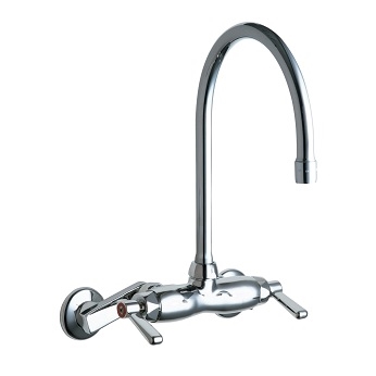 Chicago Faucets 445-GN8AE3RABCP Hot and Cold Water Sink Faucet, 3-3/8" Body with Adjustable Arms, 8" Gooseneck Spout, 2.2 GPM Softflo Aerator, Integral Shut-off Stop, 2-3/8" Lever Handle