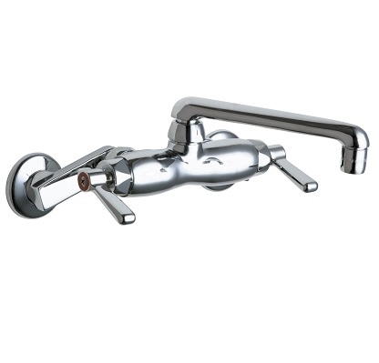 Chicago Faucets 445-HCABCP Hot and Cold Water Sink Faucet, 3-3/8" Body, Adjustable Arms 3" - 8-3/8", 6" S Type Swing Spout, 2.2 GPM Softflo Aerator, 2-1/2" Offset Inlet Supply Arm with Integral Check, 2-3/8" Lever Handle