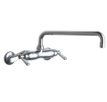 Chicago Faucets 445-L12E35XKABCP Hot and Cold Water Sink Faucet, 3-3/8" Body, Adjustable Arms 3" - 8-3/8", 12" L-Type Spout, 1.5 GPM Softflo Aerator, Ceramic Operating Cartridge, 2-3/8" Lever Handle